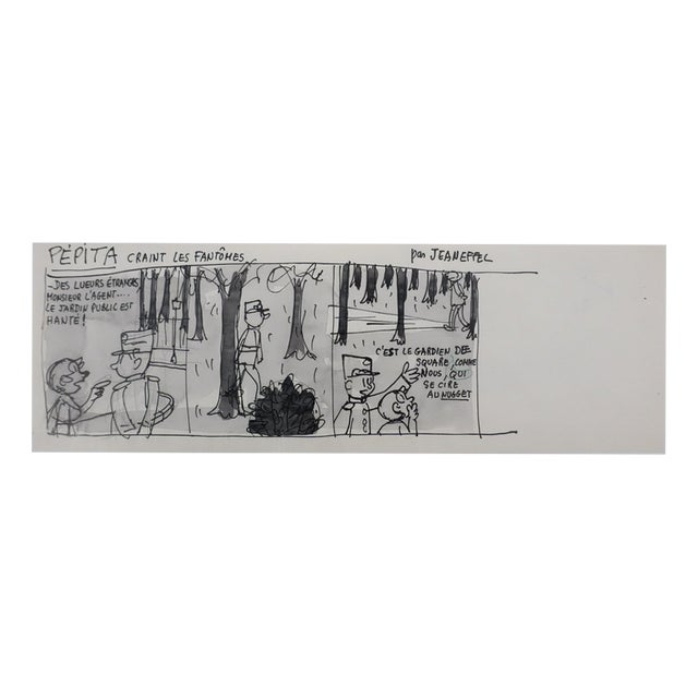 Jean Effel, Nugget Shoe Polish, Pepita Afraid of Ghosts, Ink and Graphite on Paper For Sale