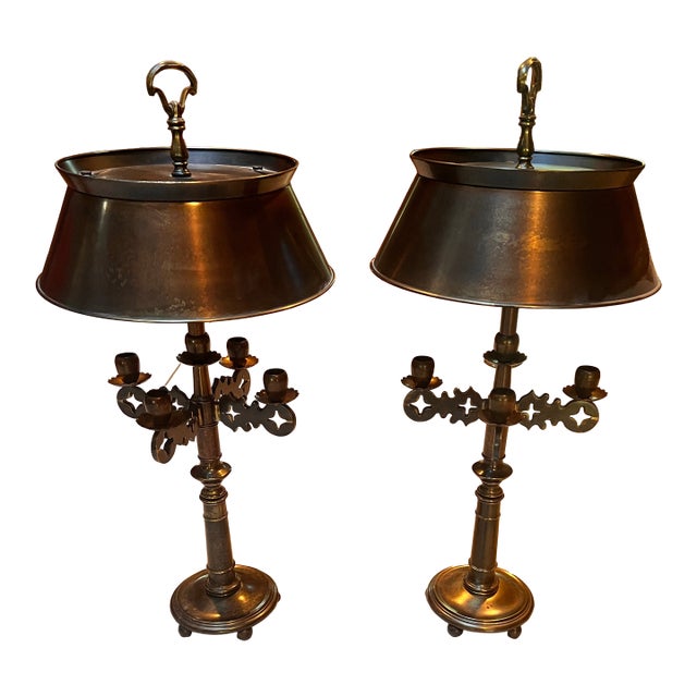 Mid 20th Century Pair of Frederick Cooper Bouillotte Table Lamps – Brass With Tôle Shades, 30” Tall For Sale