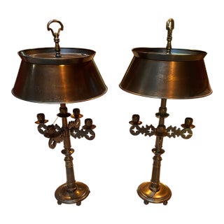 Pair of Mid-Century Frederick Cooper Brass Bouillotte Table Lamps With Adjustable Brass Tôle Shades For Sale