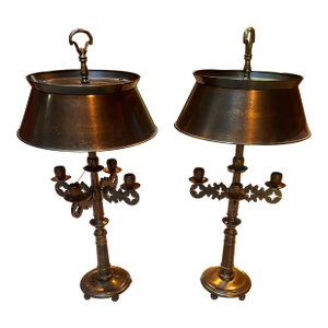 Pair of Mid-Century Frederick Cooper Brass Bouillotte Table Lamps With Adjustable Brass Tôle Shades