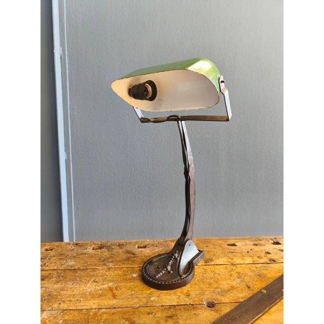 Bank Lamp with Cast Iron Base and Enameled Metal Shade, 1920s For Sale - Image 10 of 14