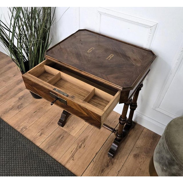 Wood Antique Italian Inlaid Veneer Wood Sewing Side Table with Bobbin Barley Twist Legs, 1890s For Sale - Image 7 of 11