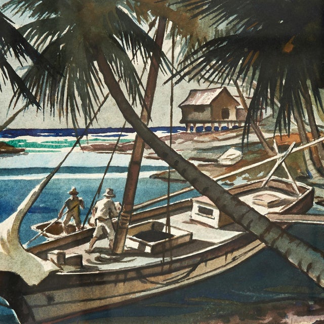 Paint Vintage Tropical Watercolor With Boat For Sale - Image 7 of 8