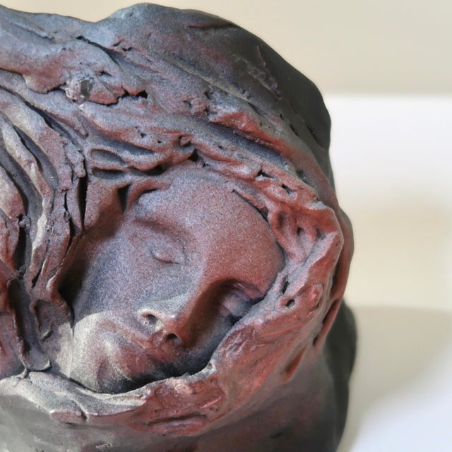 Handmade Figurative Ceramic Surreal Veiled Detailed Face Bust Sculpture in Charcoal and & Mauve Glaze For Sale In Tulsa - Image 6 of 17