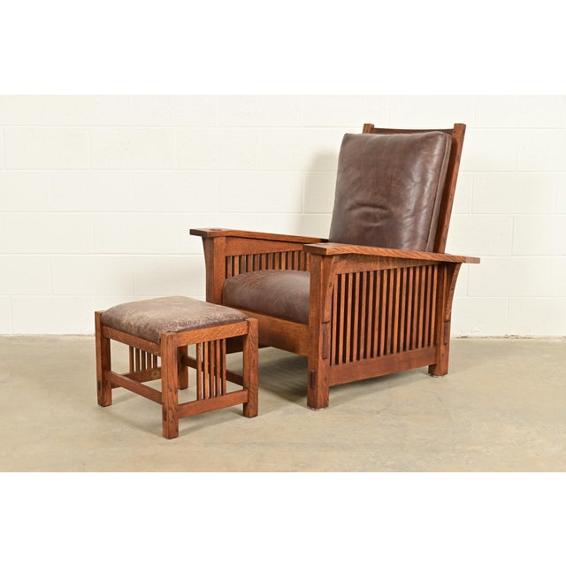 Stickley Mission Oak Arts & Crafts Reclining Morris Lounge Chair With Ottoman For Sale - Image 14 of 14