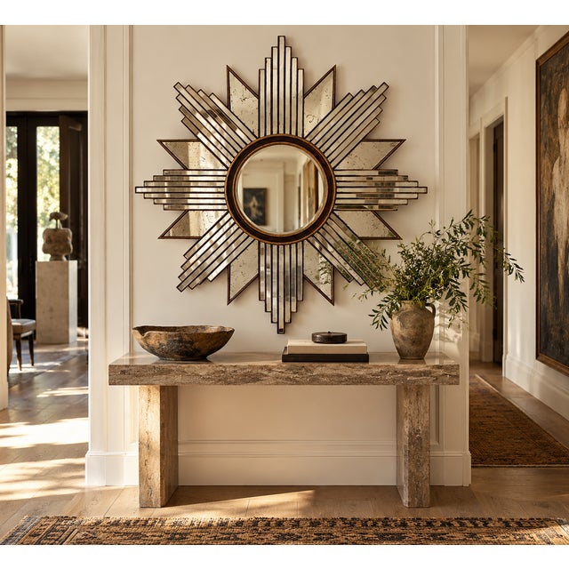 Vintage 35" in diameter Geometric Mirrored Starburst Wall Mirror. Art Deco inspired - Narrow mirrored strips alternate...