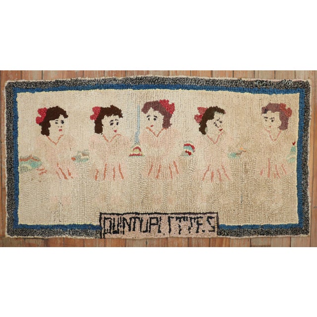 an early 20th-century American hooked rug depicting the Dionne quintuplets. The quintuplets were born May 28, 1934, and...