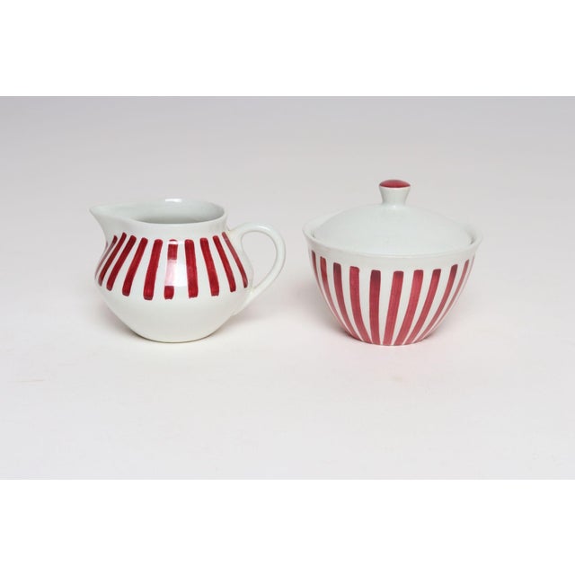 Mid-Century Modern Swedish Ceramic Red Stripe Sugar and Creamer by Karin Björquist for Gustavsberg For Sale - Image 3 of 14