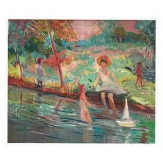 French Post-Impressionist School Artist, Figures on the River, Early 20th Century, Oil on Canvas For Sale