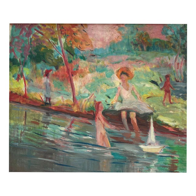 French Post-Impressionist School Artist, Figures on the River, Early 20th Century, Oil on Canvas For Sale