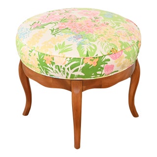 John Widdicomb French Provincial Louis XV Carved Cherry Wood Swivel Vanity Stool, 1950s For Sale