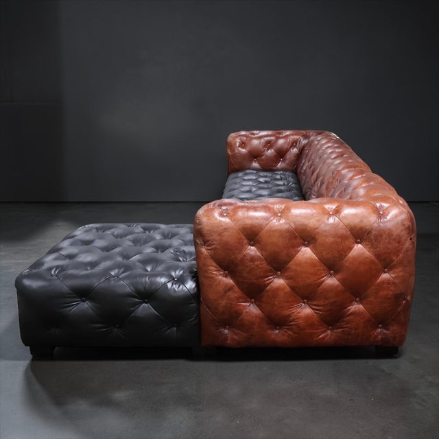 Contemporary Two-Tone Chesterfield Sectional in Black & Cognac Leather — Sculptural Modern Statement For Sale - Image 3 of 15
