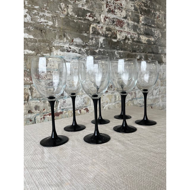 Vintage Black Stem Wine Glasses - Set of 7 For Sale - Image 4 of 6