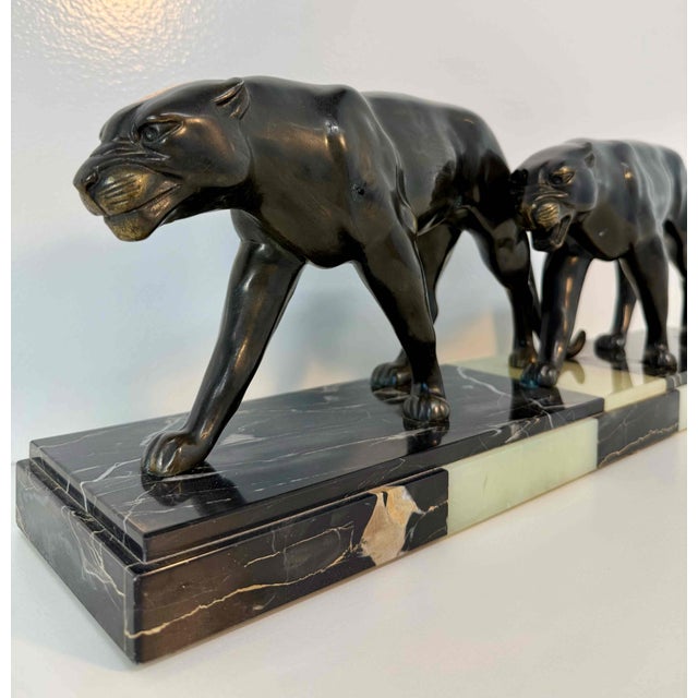 Maurice Font, French Art Deco Sculpture of Panthers, 1930s, Metal on Marble Base For Sale - Image 4 of 12