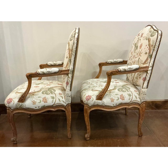 Late 19th Century Pair Vintage French Fauteuils Upholstered in Scalamandre Fabric With Nailhead Trim For Sale - Image 5 of 5