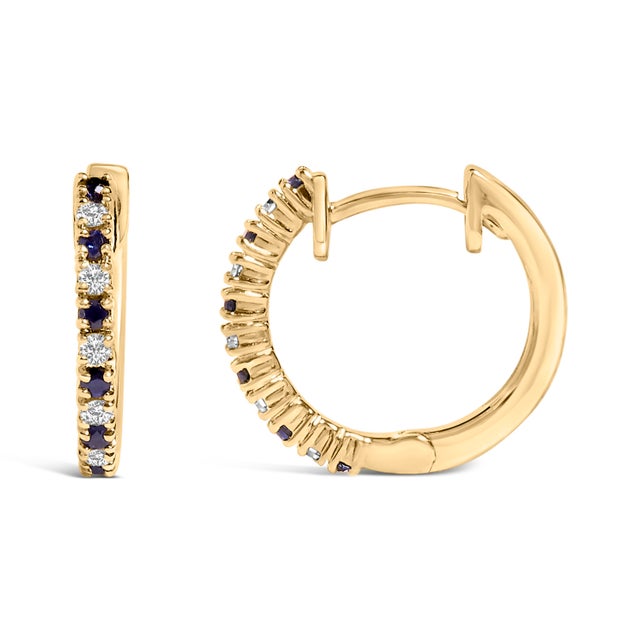 Contemporary 10K Yellow Gold Alternating Blue Sapphire 1/10 Cttw Diamond Huggy Hoop Earrings (I-J Color, I1-I2 Clarity) For Sale - Image 3 of 5