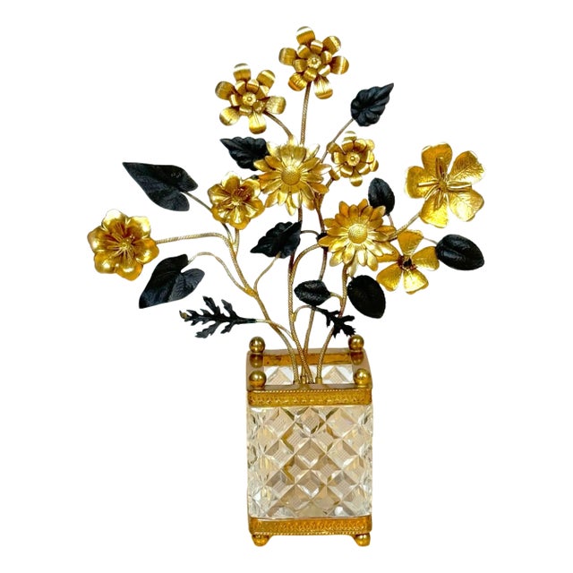 Baccarat Style French Crystal Gilt & Patinated Bronze Floral Topiary Cachepot For Sale