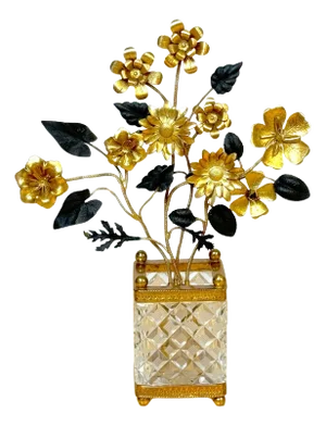 Baccarat Style French Crystal Gilt & Patinated Bronze Floral Topiary Cachepot