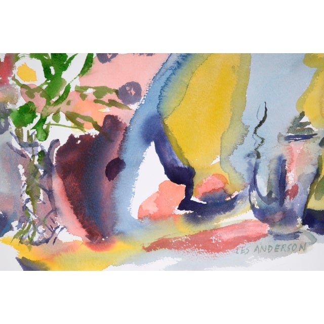 Abstract Still Life With Bouquet and Teapot in Watercolor on Paper by Les Anderson For Sale - Image 4 of 6