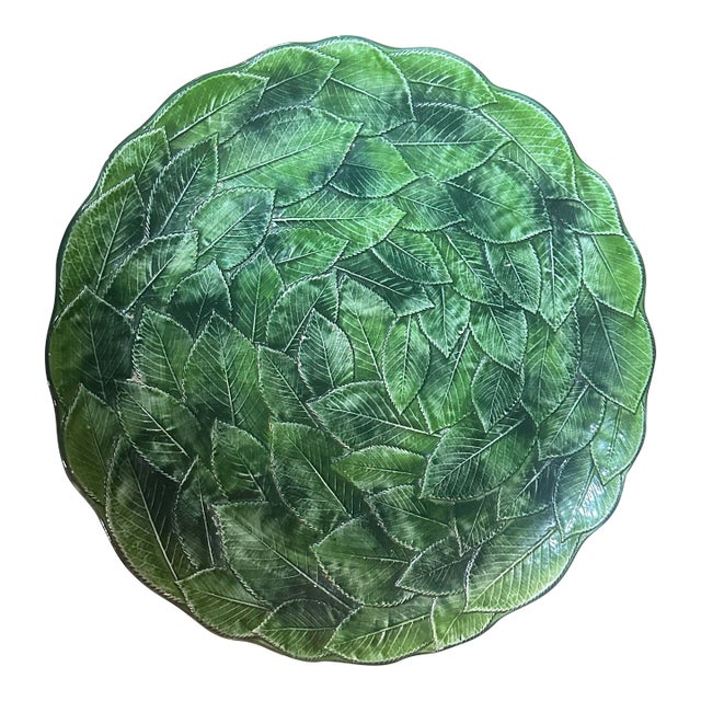 Vintage Ceramiche Leonardo 16in Green Interwoven Leaf Platter 7985/40 Italy 1960s For Sale
