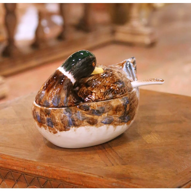 Textile Late 20th Century Italian Majolica Duck Form Soup Tureen With Ladle For Sale - Image 7 of 16