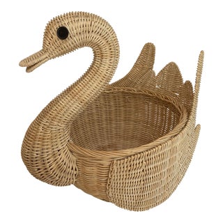 1970s Swan Wicker Natural Fiber Basket with Button Eyes For Sale