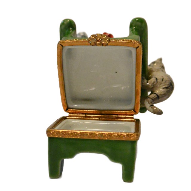 Ceramic Vintage Rochard Limoges Porcelain Cat on Adirondack Garden Chair Trinket Box – Circa Late 20th Century For Sale - Image 7 of 10