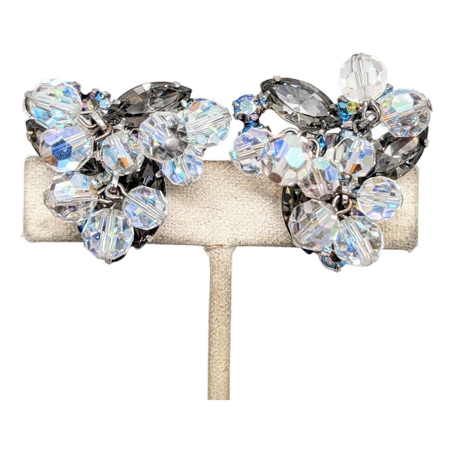 Vintage 1960s Verified Delizza & Elster Faux-Black Diamond With Aurora Borealis Bead Dangles Clip Earrings-2 Pieces For Sale