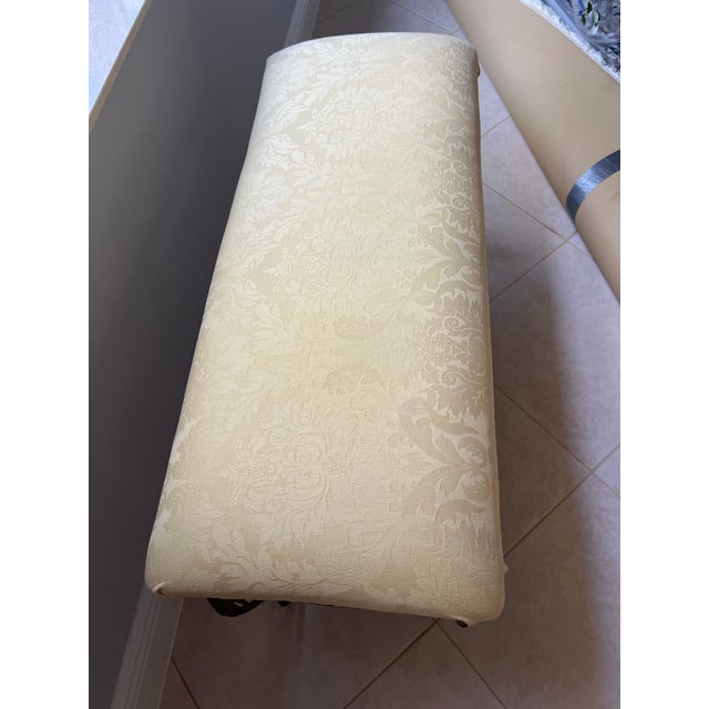 Traditional Vintage Metal Base Bench Yellow Damask Fabric Seat For Sale - Image 3 of 9