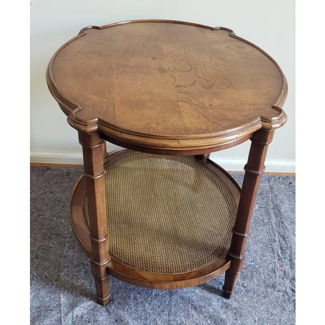 Mid-Century Burl Walnut and Cane Two-Tier Side Table With Pull-Out Tray For Sale - Image 4 of 7