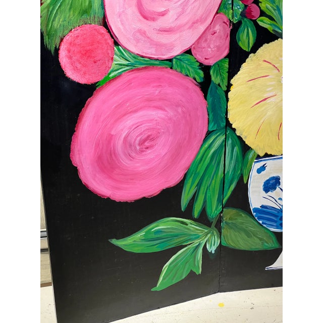 Black Original Hand-Painted Folding Screen by Stacey Porter – Floral Still Life With Bird – Black Ground Decorative Panel For Sale - Image 8 of 12