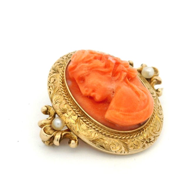 Late 19th Century Victorian Hand-Carved Mediterranean Coral Cameo Brooch in 14k Gold With Seed Pearls For Sale - Image 11 of 13