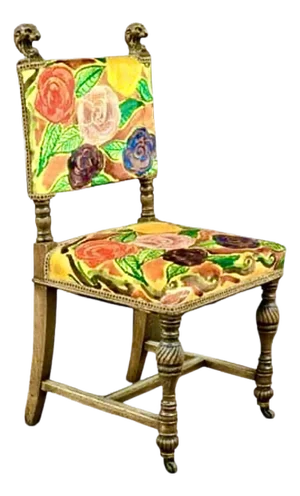 Mid 20th Century Lion's Head Side Chair-Hand Painted Velvet Fabric-Floral-European Influence