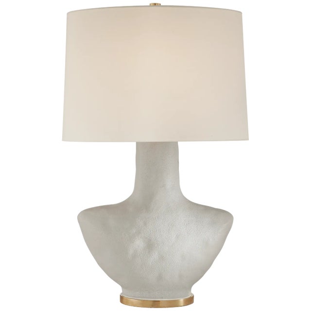 Kelly Wearstler for Visual Comfort Signature Armato Small Table Lamp in Porous White Ceramic with Oval Linen Shade For Sale