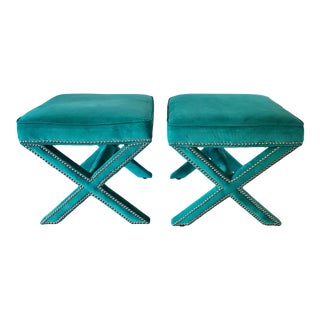 Teal Plush X- Base Stools - a Pair For Sale