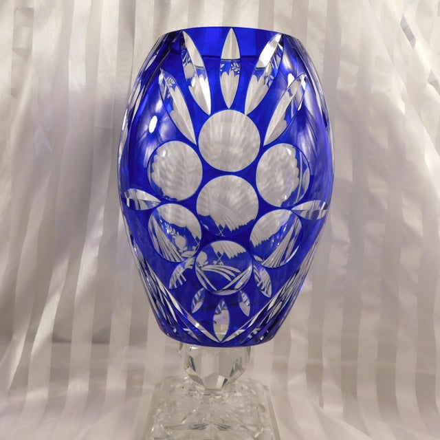 Contemporary 1940s Very Large Blue Cut to Cear Vase With Peacock Design For Sale - Image 3 of 11