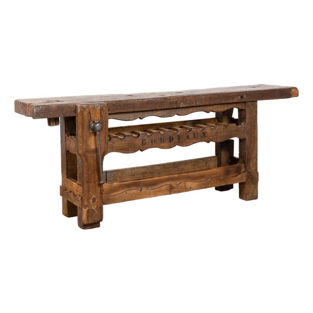 ​​​​​​​Rustic Antique Carpenters Workbench Console Table With Wine Rack From France For Sale
