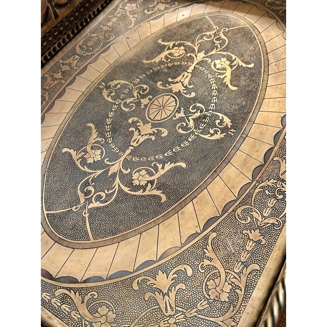 Vintage Castilian Imports India Neoclassical Engraved Brass Gallery Serving Tray For Sale - Image 9 of 12