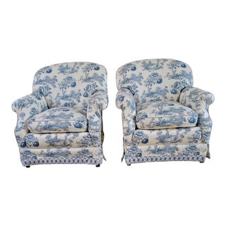 Mid 20th Century Baker Tub Chairs in Hallie Greer Blue Toile - a Pair For Sale