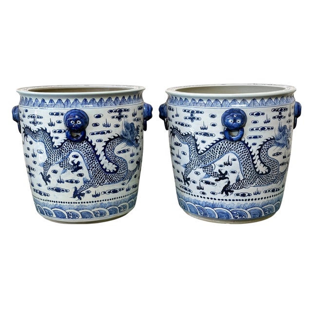 Ceramic Contemporary Large Chinoiserie Coastal Blue & White Planters - A Pair For Sale - Image 7 of 8