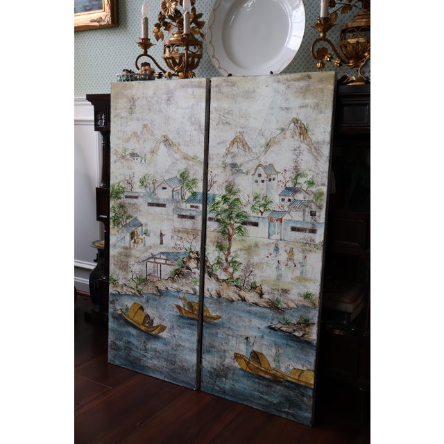 Wood Pair of Vintage Hand-Painted Chinese River Village Solid Wood Panels For Sale - Image 7 of 18