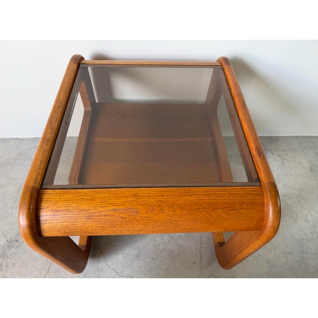 1970s Mid-Century Modern Lou Hodges Oak & Smoked Glass Top Side Table For Sale - Image 9 of 12