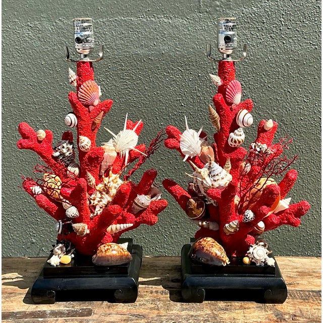 Vintage Shell Encrusted Faux Coral Lamps - A Pair For Sale - Image 11 of 12