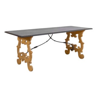 19th Century Large Italian Lacquered Lyre Table in Siena Yellow and Dark Brown For Sale