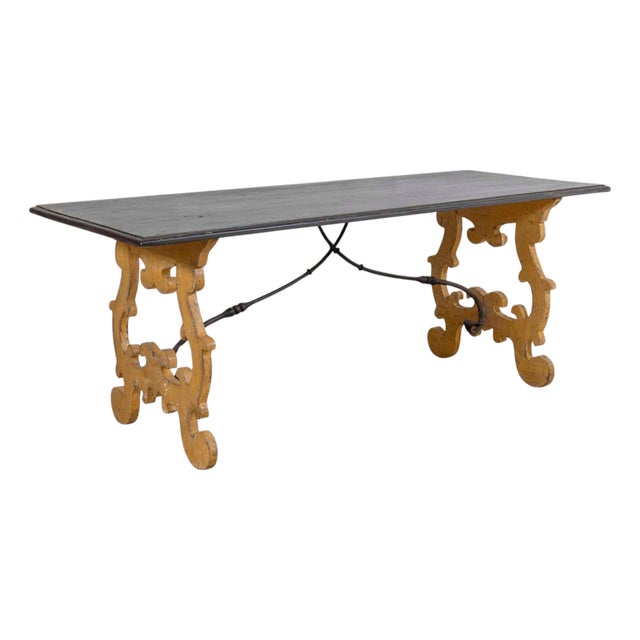 19th Century Large Italian Lacquered Lyre Table in Siena Yellow and Dark Brown For Sale