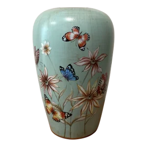 Mid Century Blue Ceramic Chinese Vase With Flowers and Butterfly