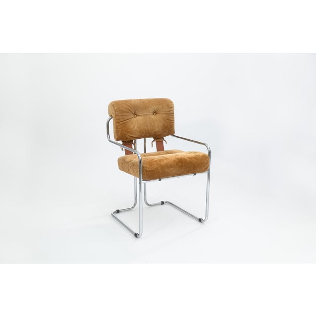 1970s Guido Faleschini for I4 Mariani Set of 4 Vintage Tan Suede Fabric Tucroma Chairs For Sale - Image 5 of 13