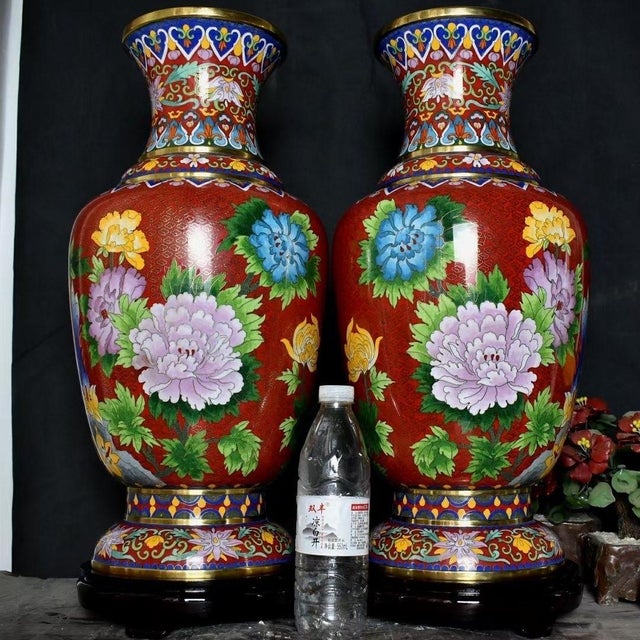 Mid 20th Century Pair of Monumental Chinese Cloisonné Vases | Gilt Floral & Bird Motif With Stands For Sale - Image 5 of 9