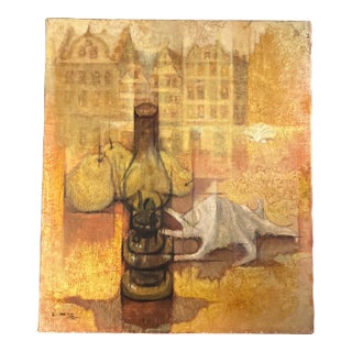 1950’s Original Abstract Cubist Still Life/Cityscape Painting Signed For Sale