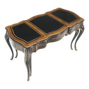 Chinoiserie Black Lacquer Gold Leather Bronze Burl Desk with Matching Chair - 2 Pieces